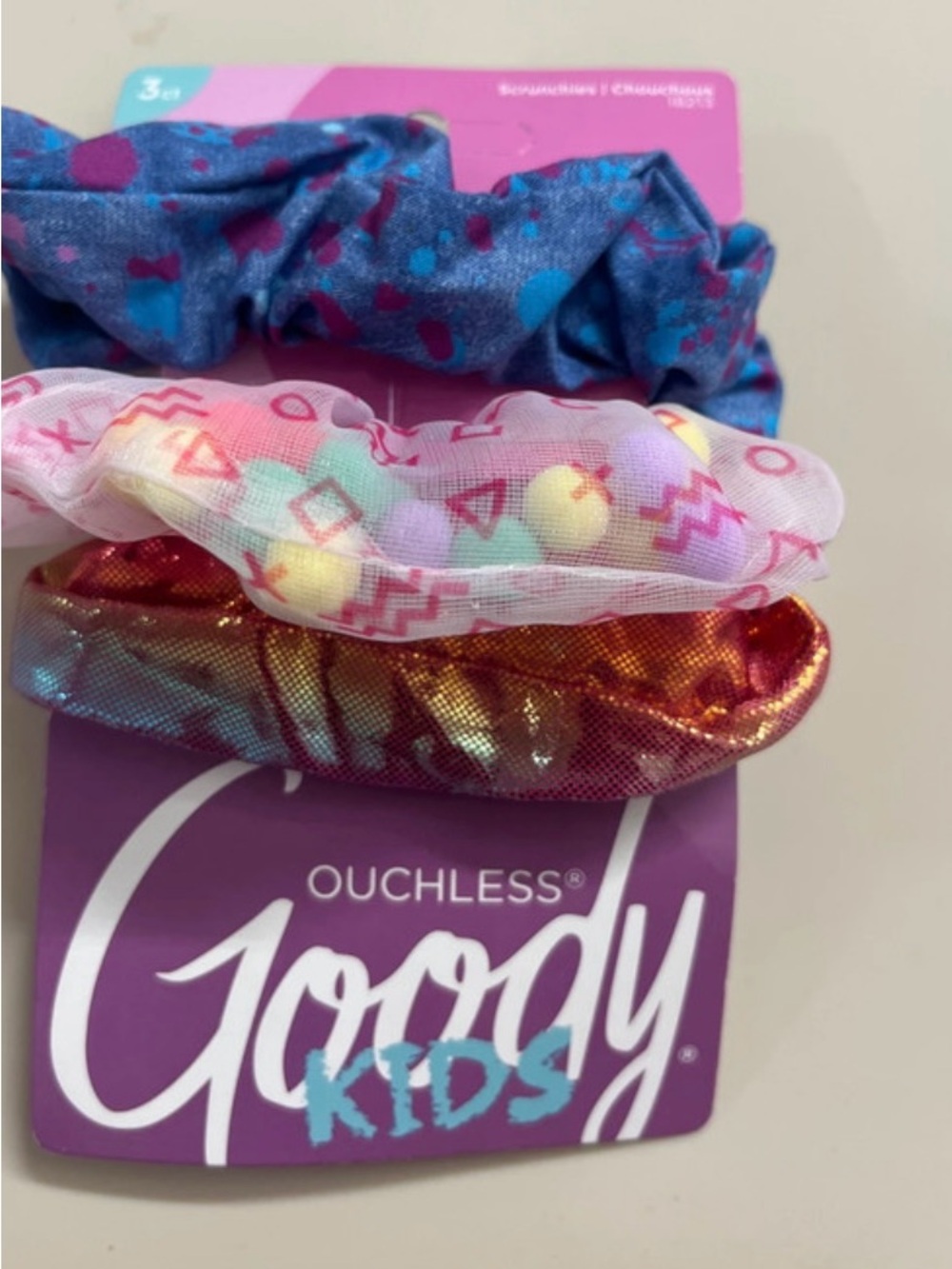Kids Colorful 3-Pack Scrunchies - Blue, Pink, Metallic Orange